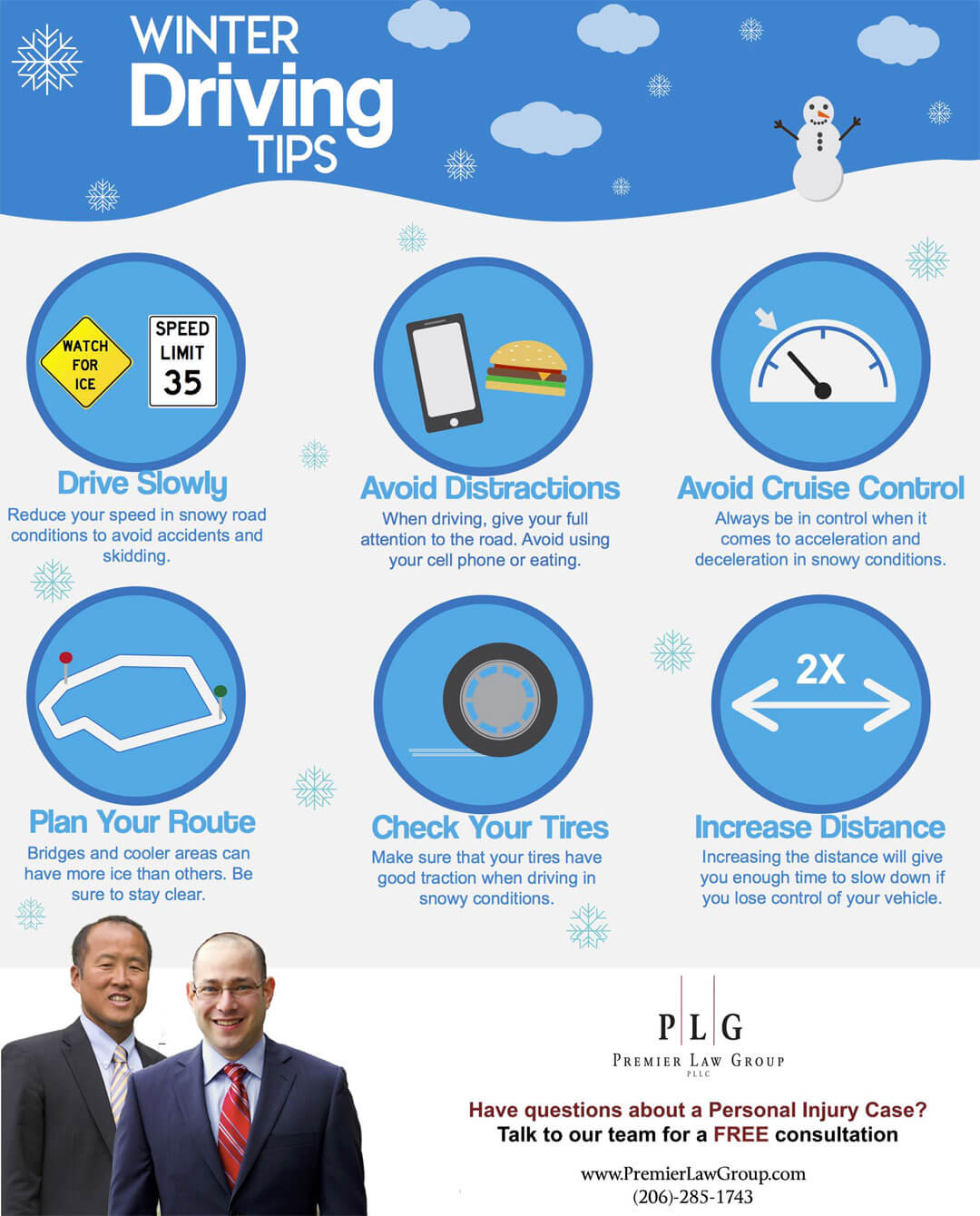Infographic about winter driving tips provided by Premier Law Group Attorney