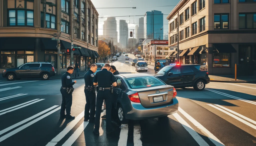 Accidente de tráfico en una intersección muy transitada de Seattle. Agentes de policía ayudan a los conductores implicados, entre ellos un conductor extranjero. Paisaje urbano de fondo.