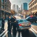 Car accident at a busy intersection in Seattle with police officers assisting involved drivers, including a foreign driver. Urban cityscape in the background.