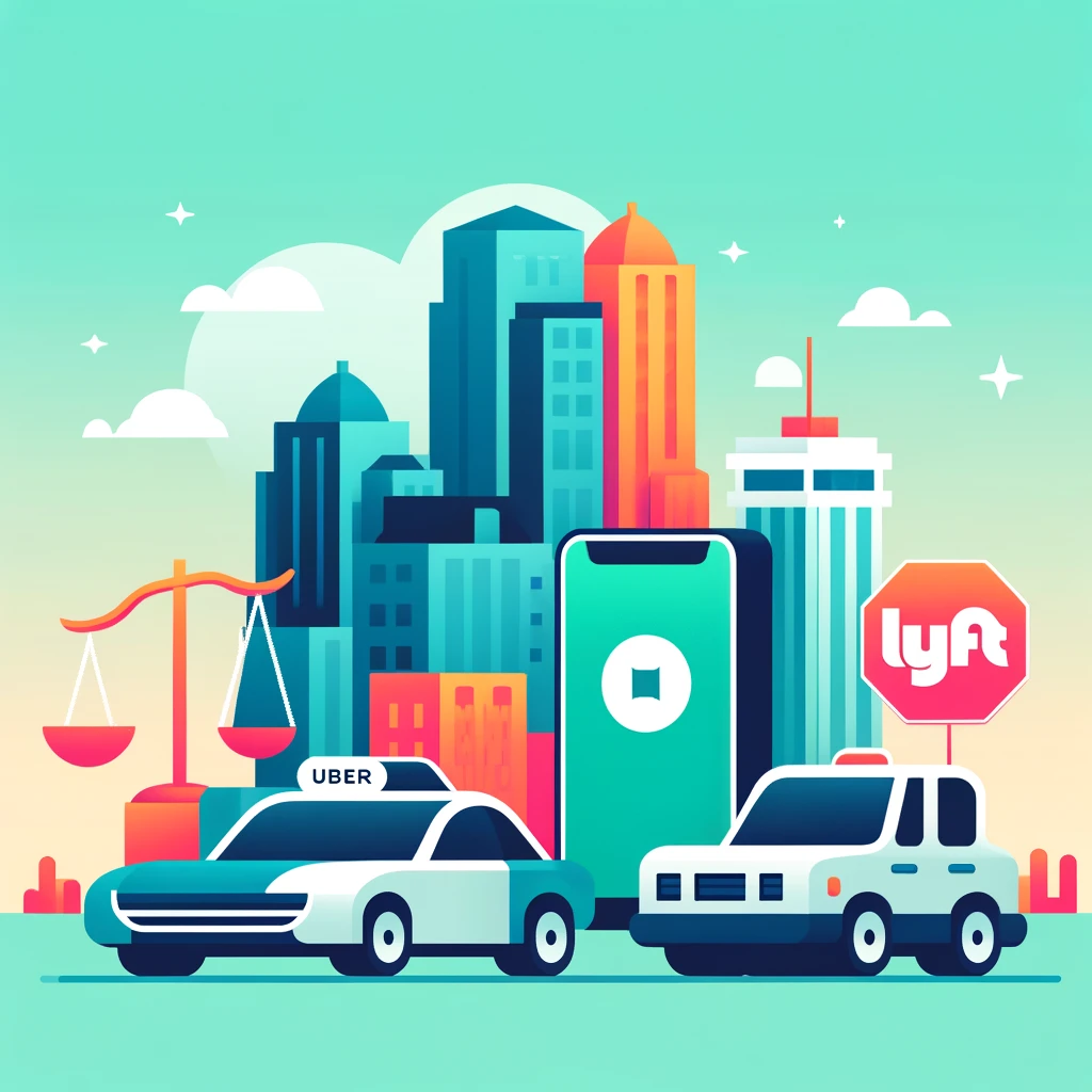Minimalist graphic illustration of downtown Seattle with stylized representations of Uber and Lyft rideshare vehicles. The design features clear, simple icons symbolizing a mobile app, a car, and legal scales, set against a vibrant but not overwhelming color palette. Each element is distinctly separated to convey the rideshare experience, insurance, and legal aspects in a straightforward manner, embodying the essence of modern urban transport and legal readiness in a clean, accessible visual format.