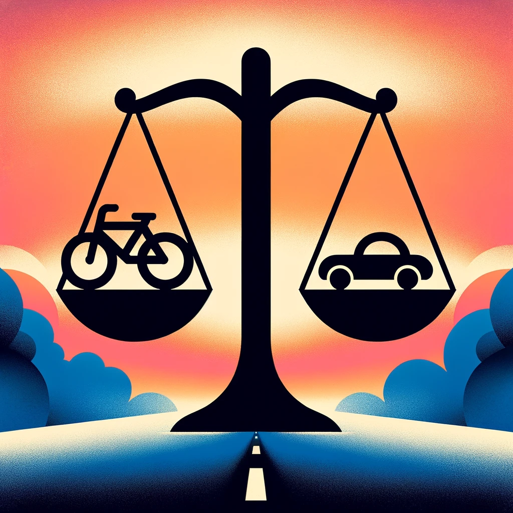 An abstract graphic symbolizing balance and harmony in urban transportation, featuring a pair of scales in perfect equilibrium. On one side, a stylized bicycle icon, and on the other, a simple car icon, against a gradient background that transitions from warm orange to deep blue, representing the seamless transition from day to night. This conceptual design underscores the theme of shared responsibility and equality between cyclists and motorists in traffic.