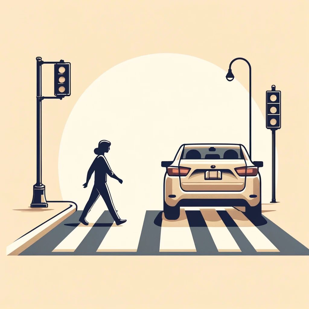A minimalist graphic showcasing a pedestrian confidently stepping onto a crosswalk, with a car stopped at a respectful distance before it. The scene is stripped of unnecessary details, focusing on the critical message of pedestrian priority at crosswalks, in accordance with Washington State's right-of-way laws. The color scheme is simple yet appealing, with soft contrasts emphasizing the importance of yielding to pedestrians. This clean, uncluttered design symbolizes the law's intent to protect pedestrians, conveying its clarity and simplicity effectively.