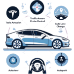 Graphic explaining Tesla's Autopilot system, featuring a Tesla car with icons for Traffic-Aware Cruise Control, Autosteer, Auto Lane Change, and Navigate on Autopilot. A steering wheel icon with hands emphasizes the need for driver attention. The background is clean and minimal with muted tones.