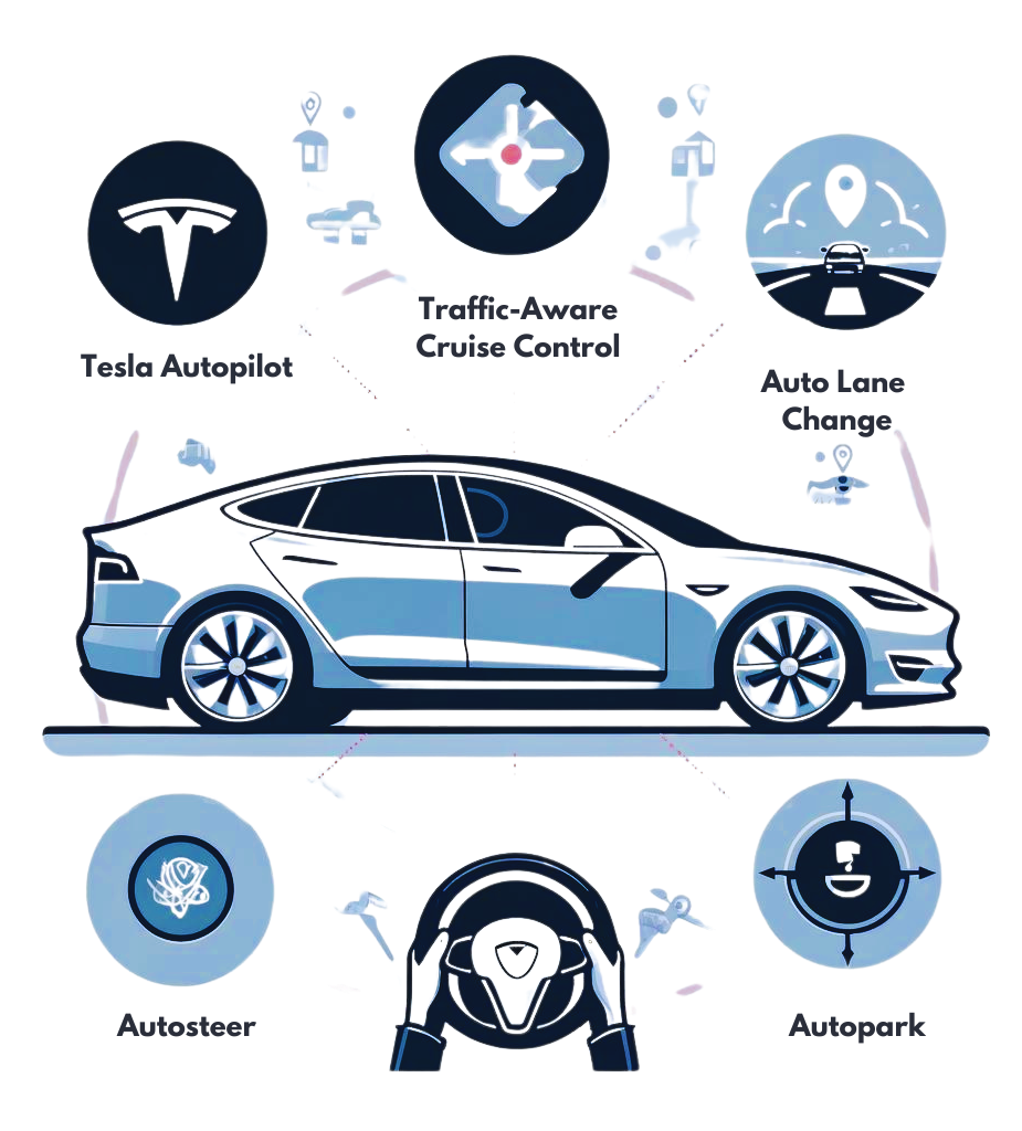 Graphic explaining Tesla's Autopilot system, featuring a Tesla car with icons for Traffic-Aware Cruise Control, Autosteer, Auto Lane Change, and Navigate on Autopilot. A steering wheel icon with hands emphasizes the need for driver attention. The background is clean and minimal with muted tones.
