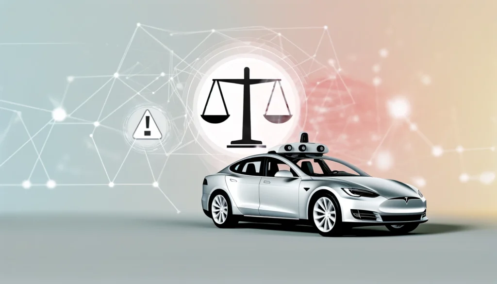 Graphic depicting a Tesla car with a digital network overlay, symbolizing self-driving technology. Legal scales and a warning alert icon represent the legal and safety issues related to Tesla's Autopilot. The background is clean with minimal elements and muted tones.